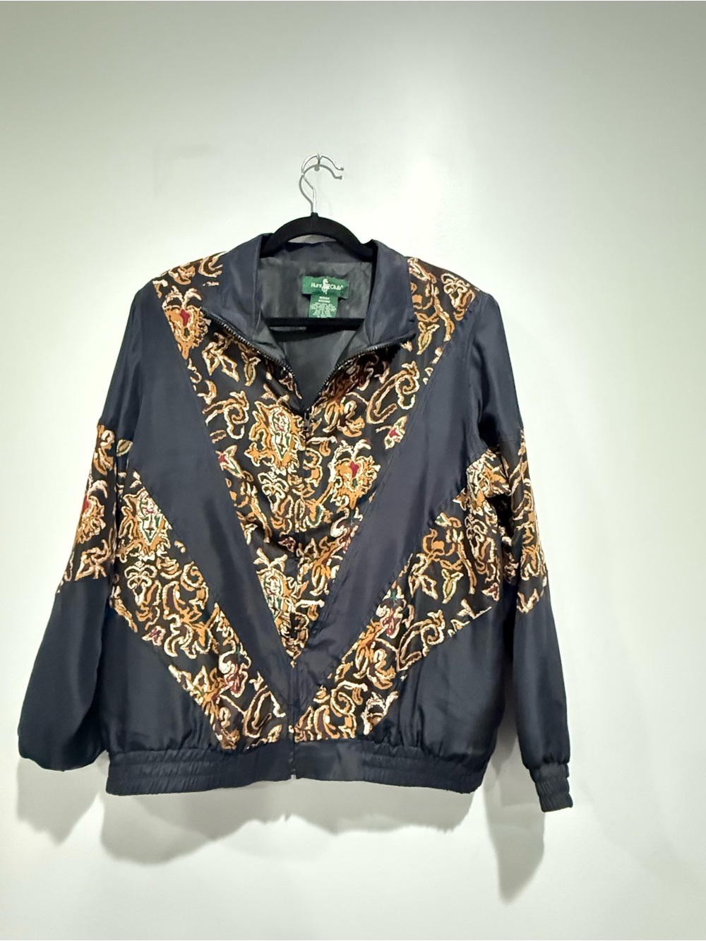 Vintage 100% silk hunt club Pattern Zip-Front Windbreaker